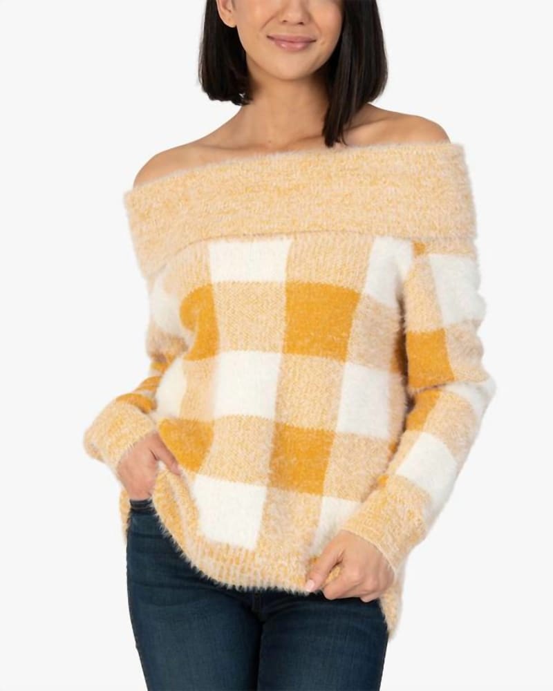 Front of a model wearing a size Large Haruka Sweater in Yellow in Yellow by Kut From The Kloth. | dia_product_style_image_id:326729